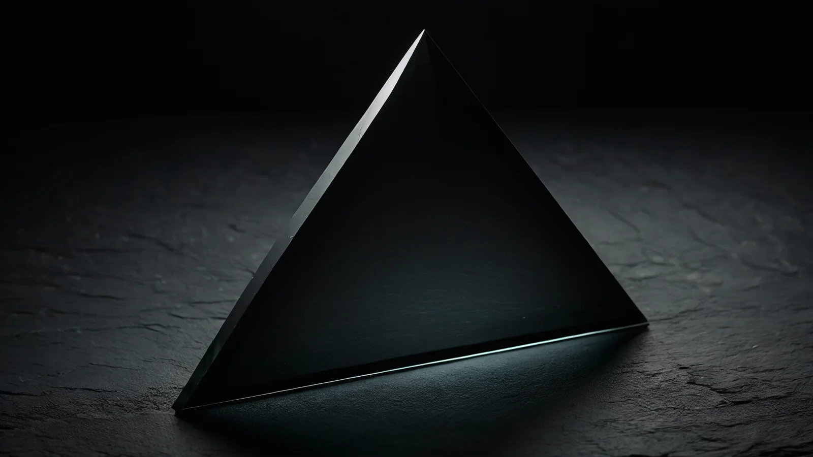 A dark glass triangular prism standing on slate, one thin edge of light tracing its silhouette against a black background.