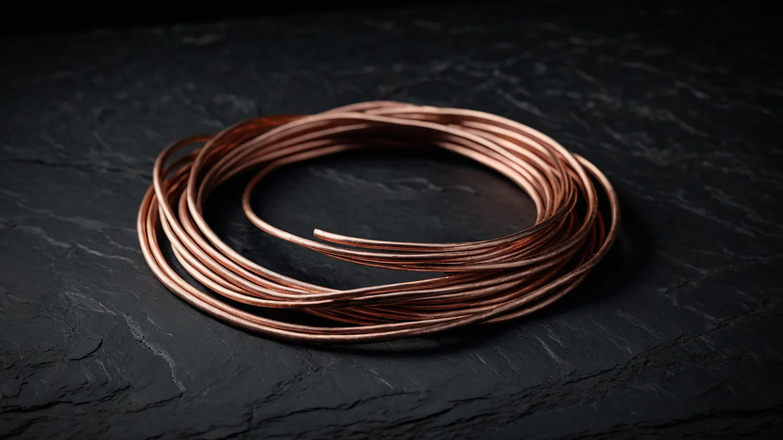 A loose coil of bare copper wire resting on dark slate, warm light catching the burnished loops against deep shadow.