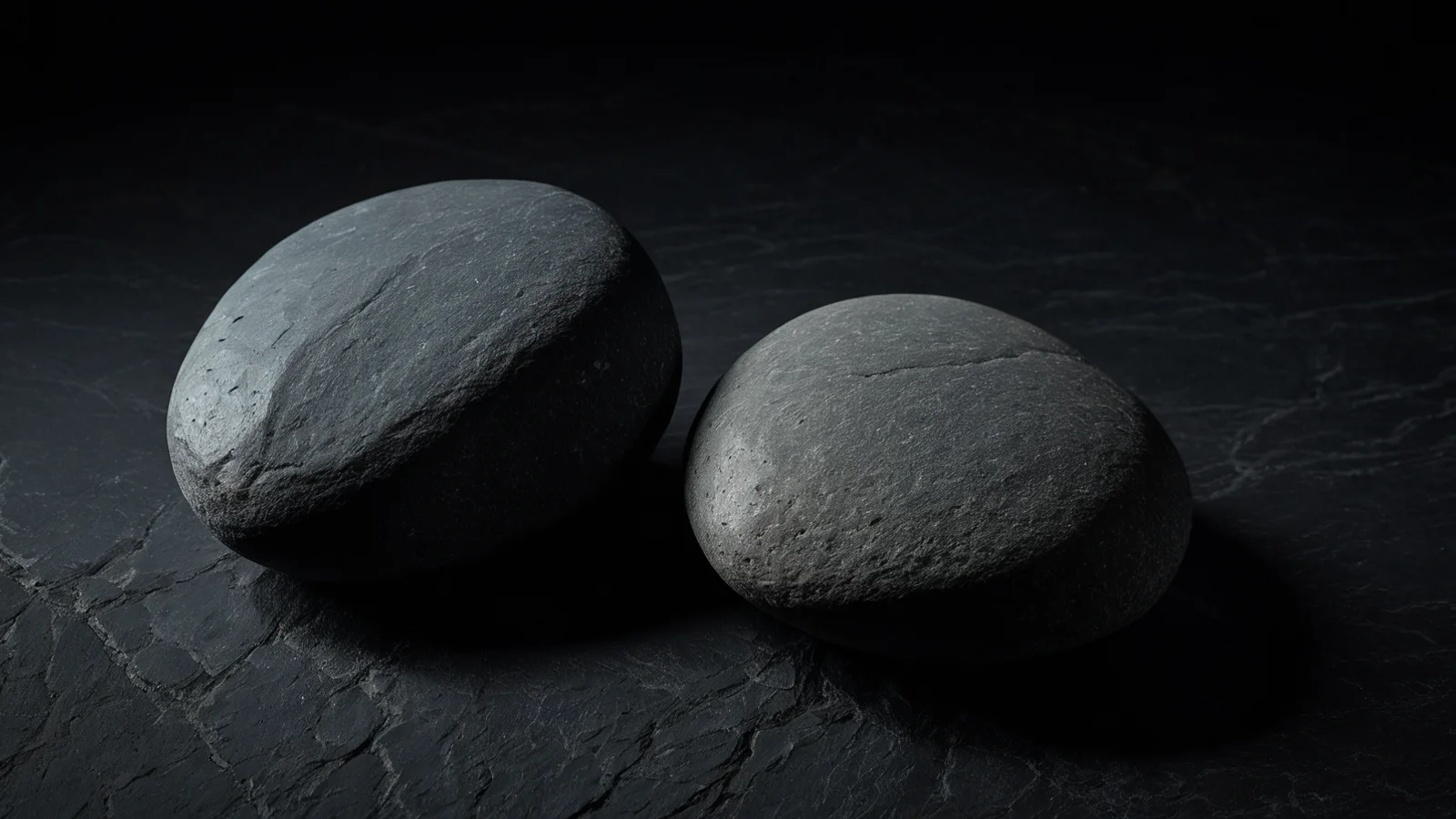 Two smooth grey river stones resting side by side on dark slate, one catching soft light and the other in shadow, so the pair looks matched.