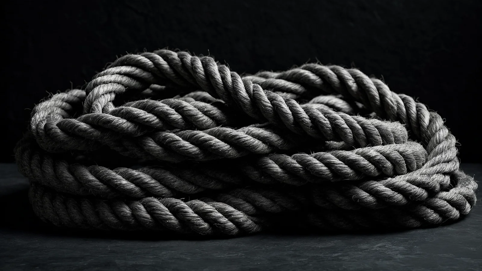 A thick rope coiled in layers against a dark background, lit from one side so each twisted strand stands out.