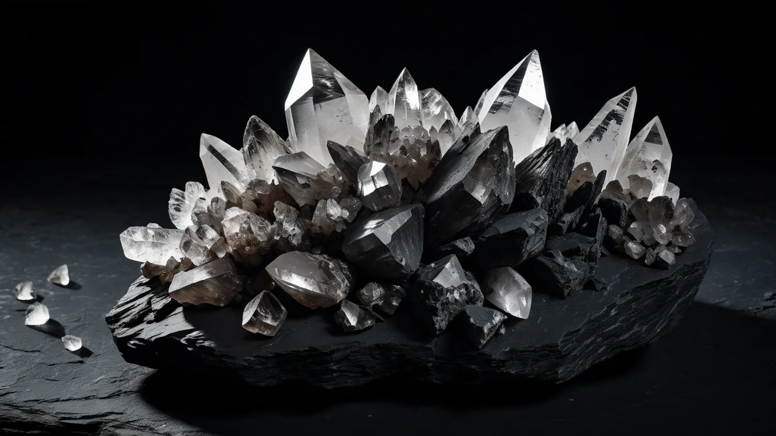 A cluster of clear quartz crystal points rising from a dark rock base, cold light glancing through the faceted tips.