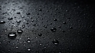 Round water droplets scattered across a dark surface in close view, each droplet holding a single point of light.