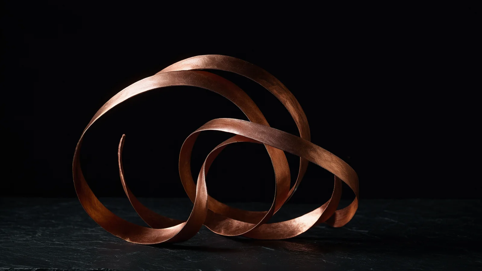 Una espiral de cinta de cobre pulido curvándose sobre pizarra oscura, con luz cálida recorriendo sus curvas contra una sombra profunda.