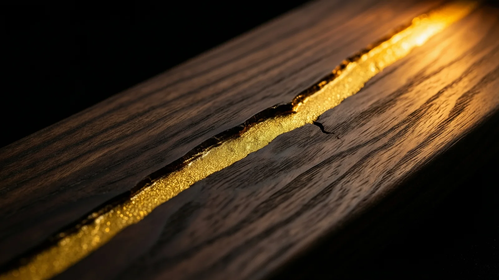 Una tabla de madera oscura descansa en diagonal con una larga grieta rellena por una veta dorada y brillante que la cruza de esquina a esquina. Una luz cálida cae a lo largo de la veta desde arriba a la derecha y el resto del cuadro se funde en negro.