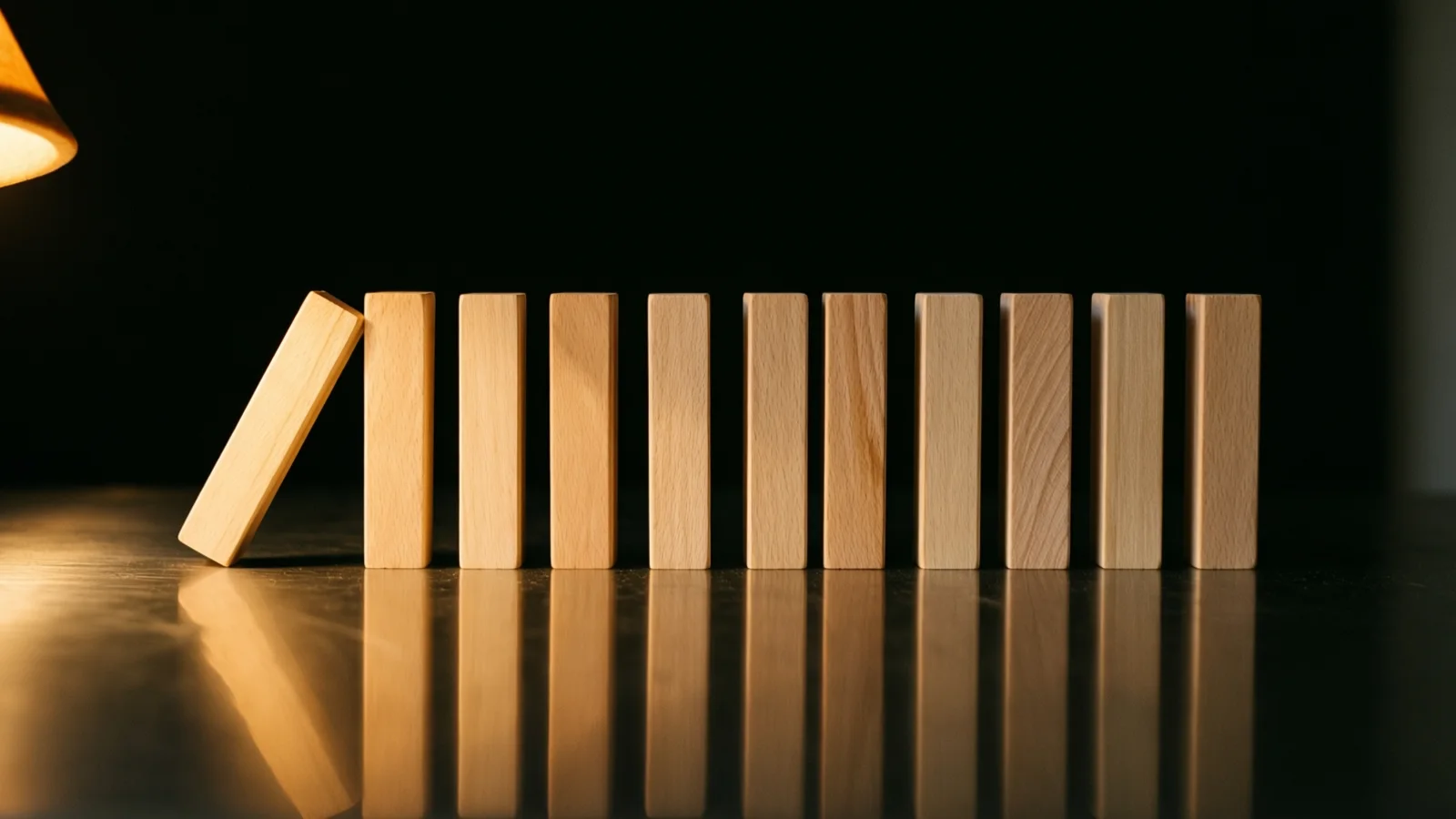 A row of upright pale wooden blocks stands on a glossy dark surface that mirrors them, with one block leaning at the left end. Warm light from a lamp at the far left falls across the scene against a black background.