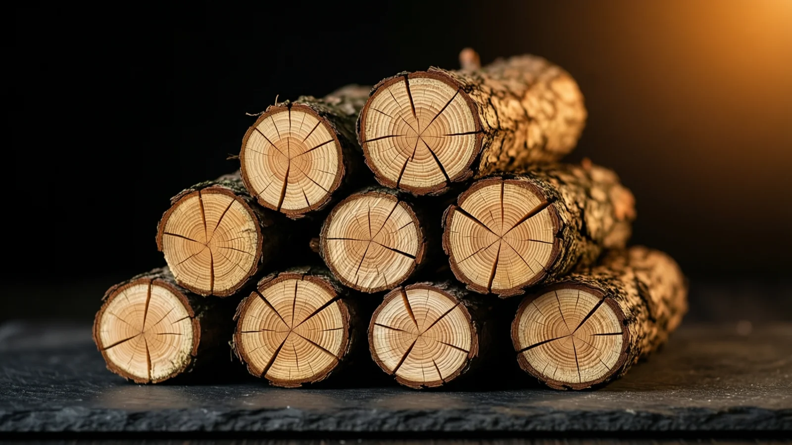A stack of short logs with bark rests on a dark slate surface, their cut ends showing pale growth rings. Light falls on the cut ends, and an orange glow fills the upper right corner of the black background.