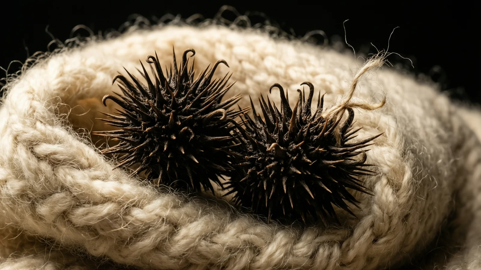 Two dark, spiky burrs with hooked tips rest in the coiled folds of a cream-coloured chunky knit, with a loose strand of fibre curling at the right. Warm light falls across the knit from the front; the background is black.
