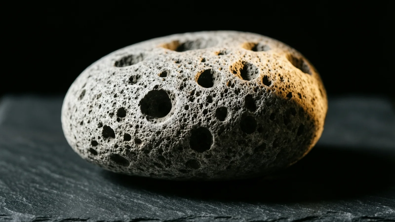 A rounded pale grey stone riddled with holes of many sizes rests on dark slate. Light falls across its front, turning the right side a warm ochre, and the background is black.