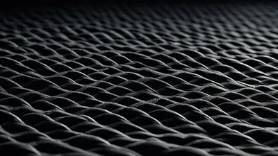 A close view of dark woven mesh, the regular strands rising and falling in a wave pattern under low light.