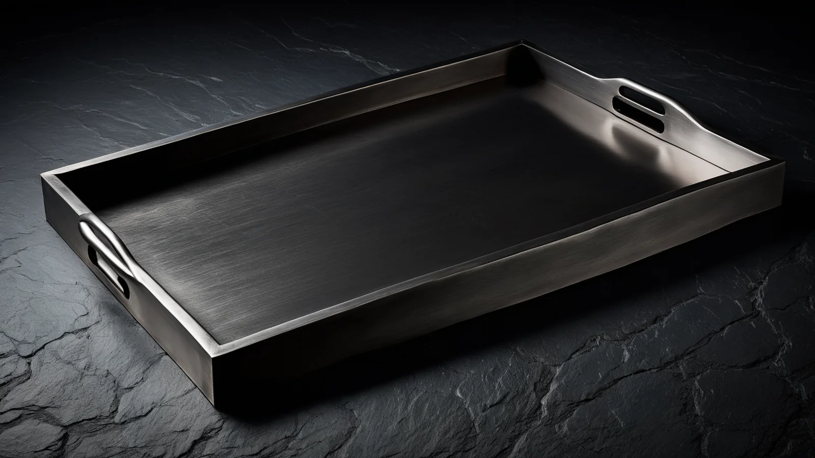 A shallow rectangular brushed-steel laboratory tray, empty and clean, on dark slate under one band of cool light.