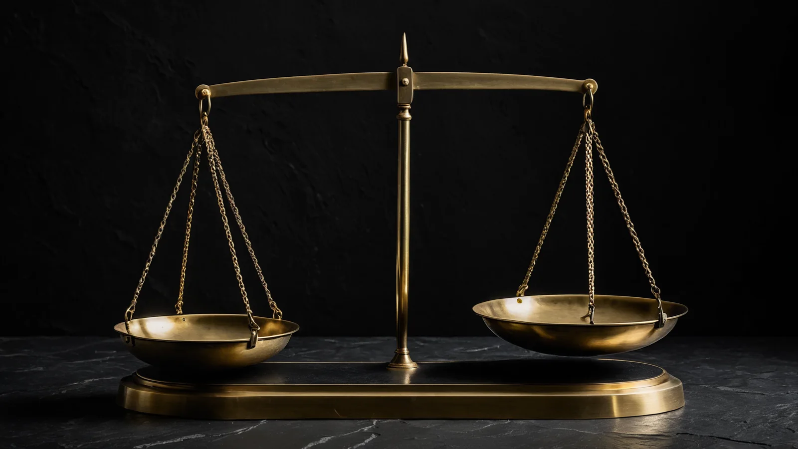 A polished brass balance scale with two hanging pans on dark slate, nearly level under warm light against deep shadow.