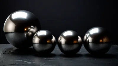 Four polished steel spheres of descending size resting in a line on dark slate, each holding one point of light.