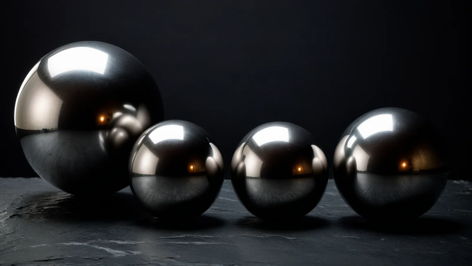 Four polished steel spheres of descending size resting in a line on dark slate, each holding one point of light.