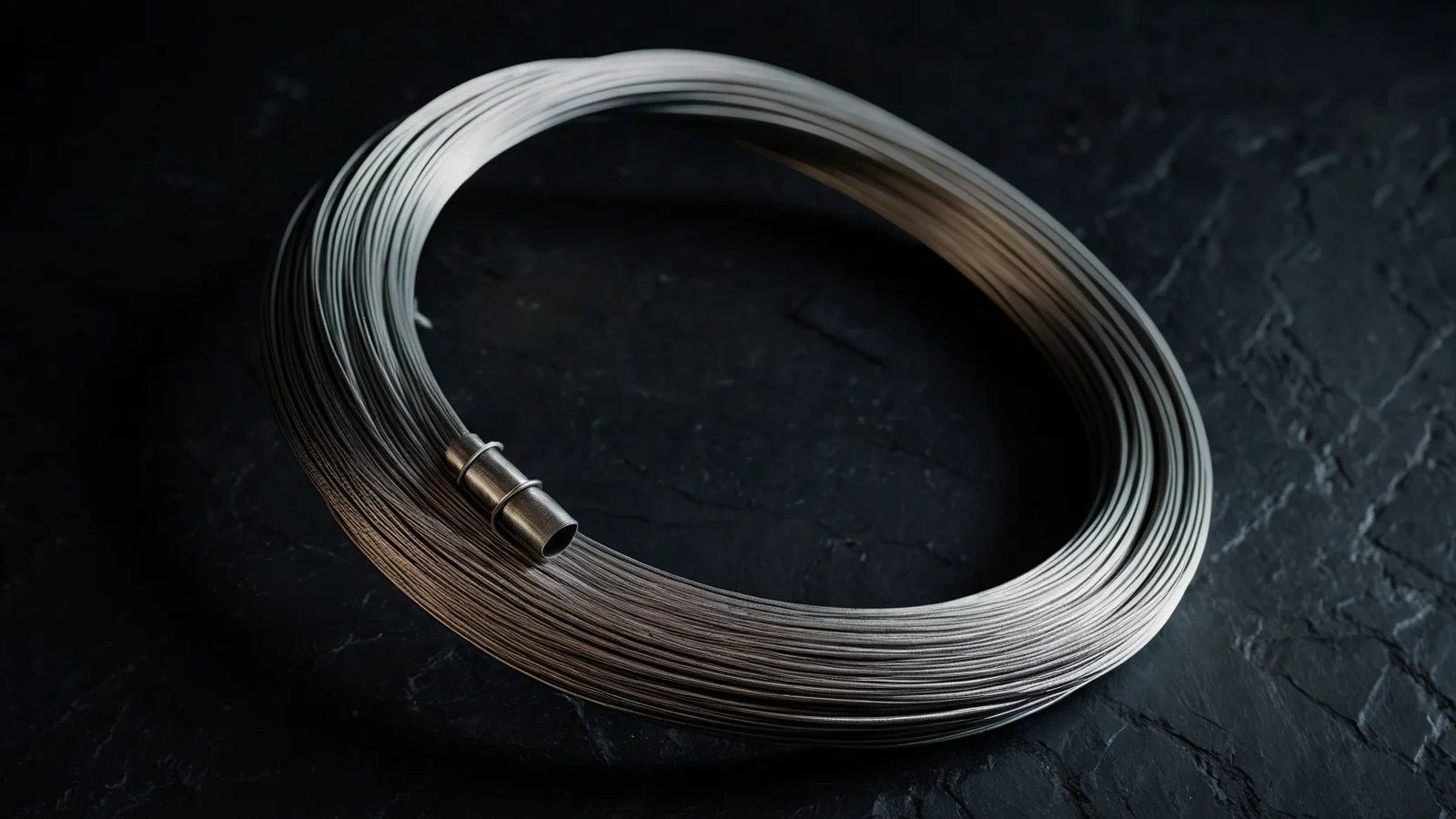 A coil of fine steel wire held in a neat loop by a small metal ferrule on dark slate, cold light catching the strands.