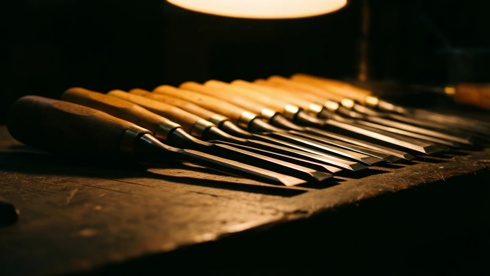 A row of wood-handled chisels with metal bands and flat metal blades lies on a worn, dark wooden bench. Warm light from a lamp at the top falls along the handles and blades, with a dark background.