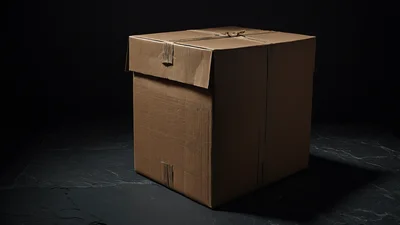 A sealed kraft cardboard carton tied with twine on dark slate, one band of warm light across its taped top.