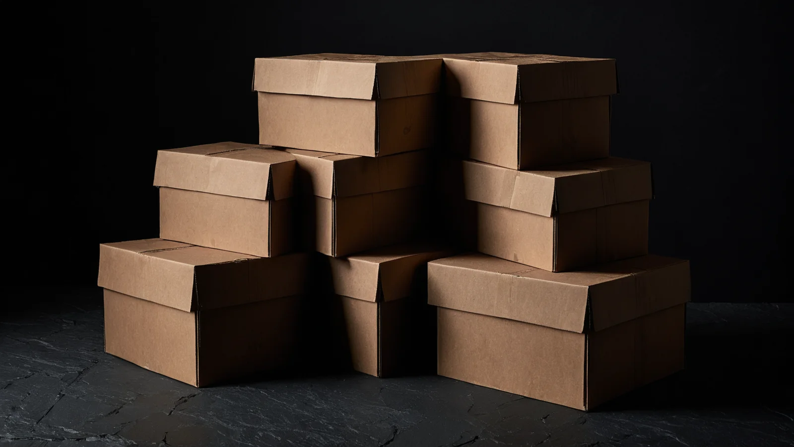 A staggered stack of sealed kraft cartons on dark slate, their edges lit by one narrow band of warm light.