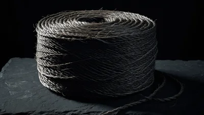 A thick spool of natural twine standing on dark slate, warm light catching the wound strands against deep shadow.