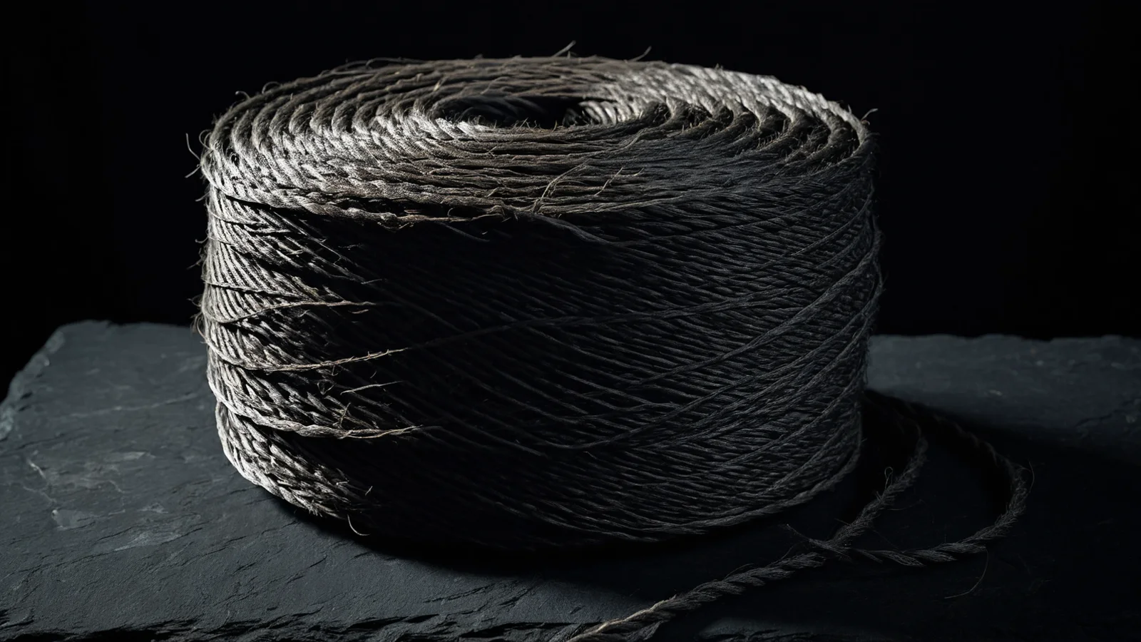 A thick spool of natural twine standing on dark slate, warm light catching the wound strands against deep shadow.
