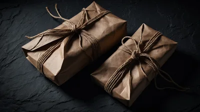 Two parcels wrapped in plain kraft paper and tied with twine on dark slate, warm light grazing the folds.