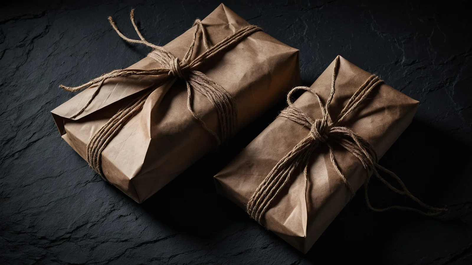 Two parcels wrapped in plain kraft paper and tied with twine on dark slate, warm light grazing the folds.