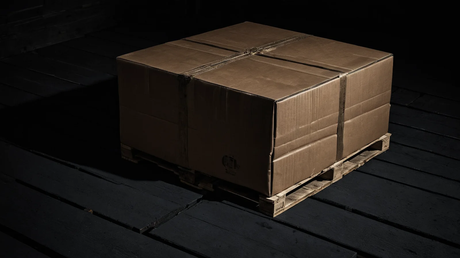 A large taped cardboard box resting on a wooden pallet in a dark room, low warm light raking across the slats.