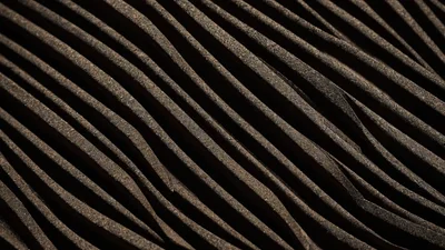 Diagonal, wavy ridges of dark brown fibrous material fill the frame, each thin strip catching soft light along its speckled edge against deep shadow.