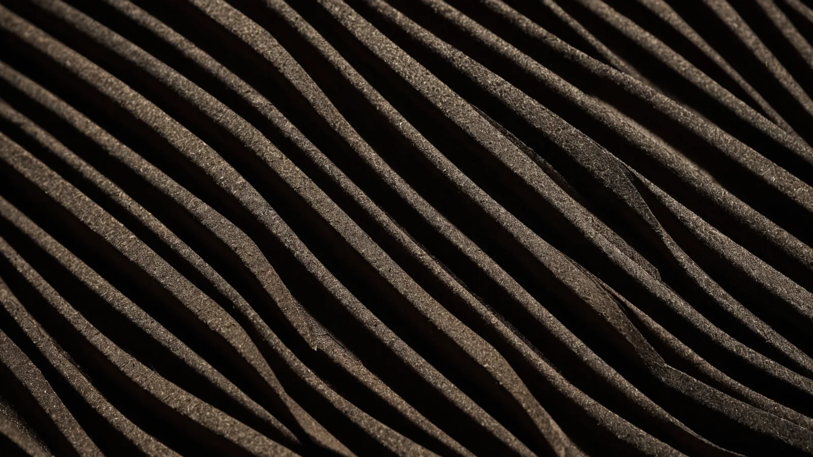 A macro view of corrugated cardboard seen edge-on, the repeating flutes forming a wave pattern under raking warm light.