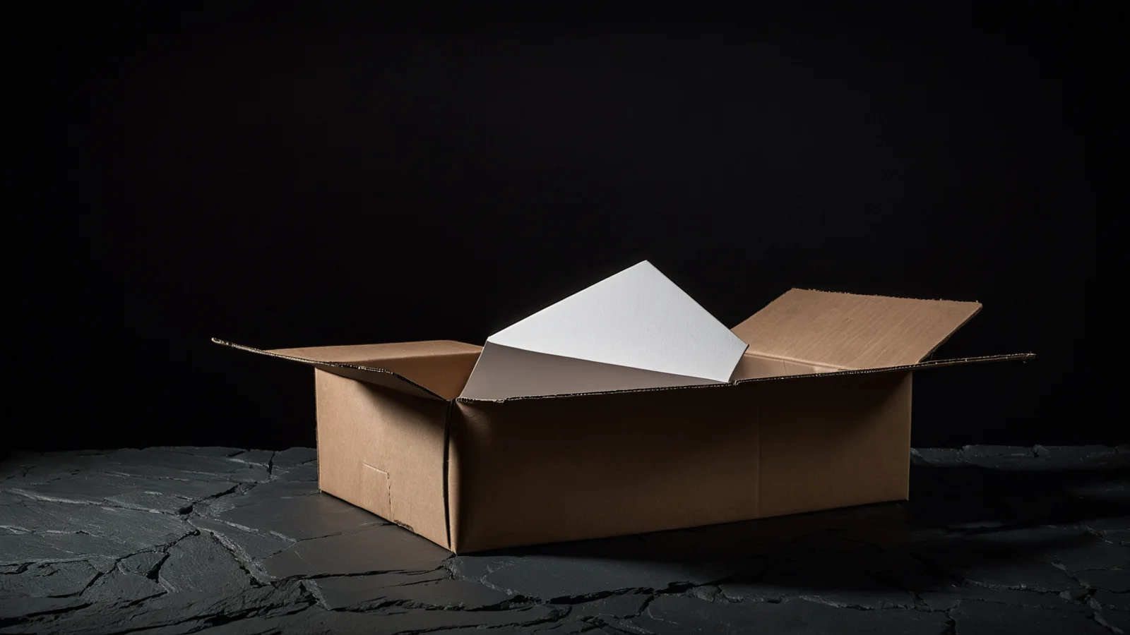 An open kraft carton with a pale board liner rising from inside, photographed on dark cracked slate under cool light.