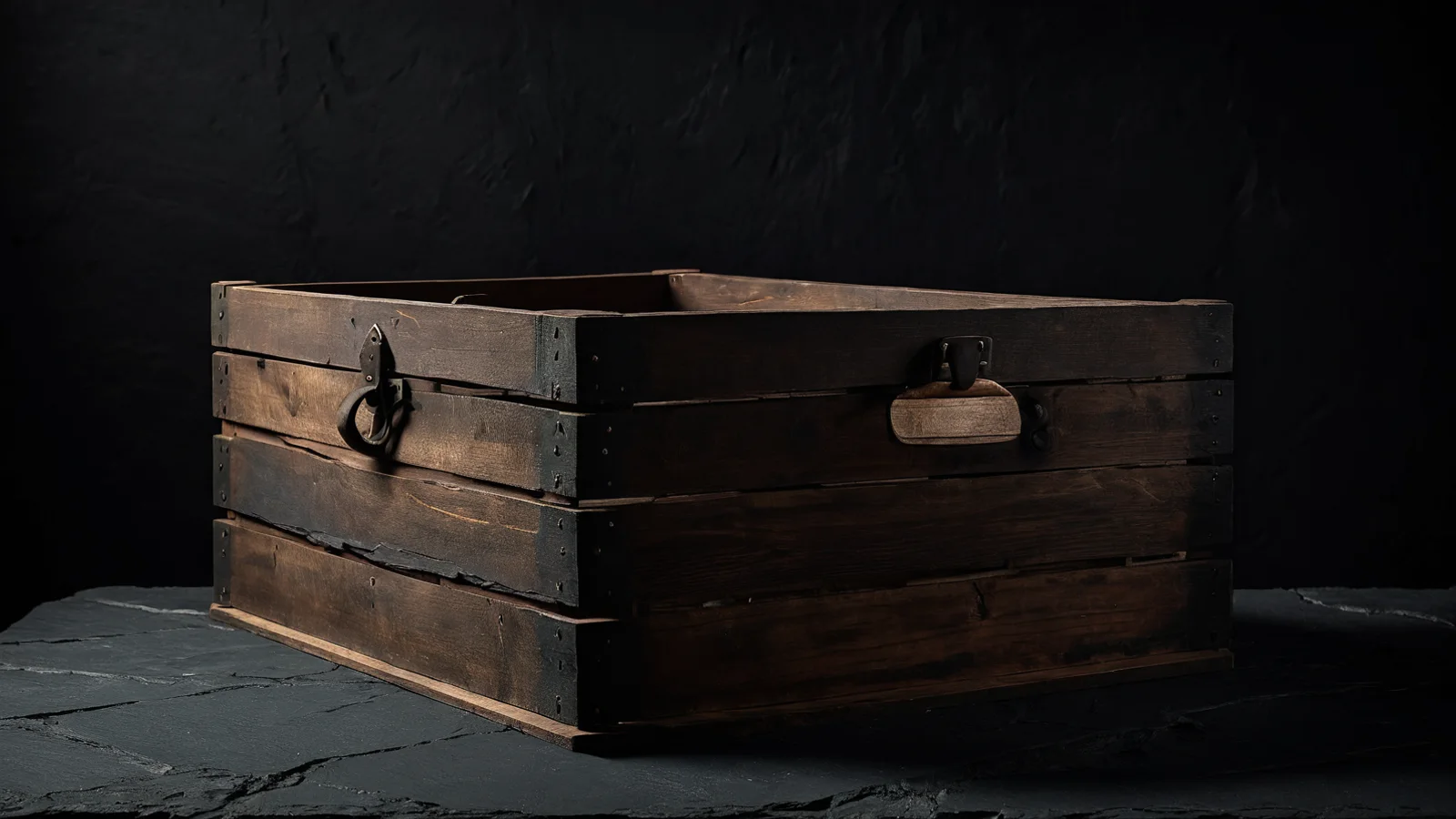 A sturdy dark wooden crate with metal fittings standing on slate, one narrow band of warm light across its boards.