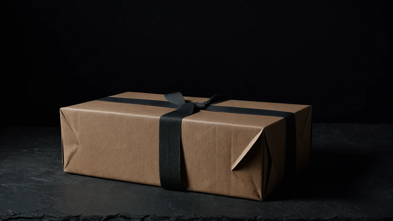 A kraft parcel with a single dark strapping band tied around it, centred on dark slate under one band of light.