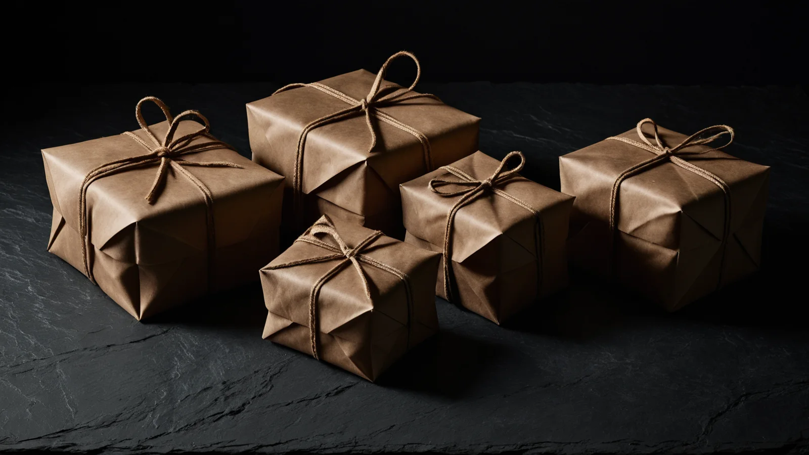A group of kraft paper parcels of different sizes tied with twine bows, lined up on dark slate under warm light.