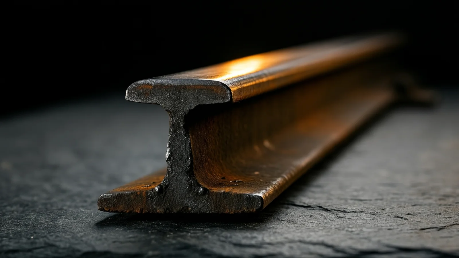 A length of dark metal beam with an I-shaped end profile lies on rough black slate, its pitted end facing the camera. Warm orange light glows along the top flange; the background is black.