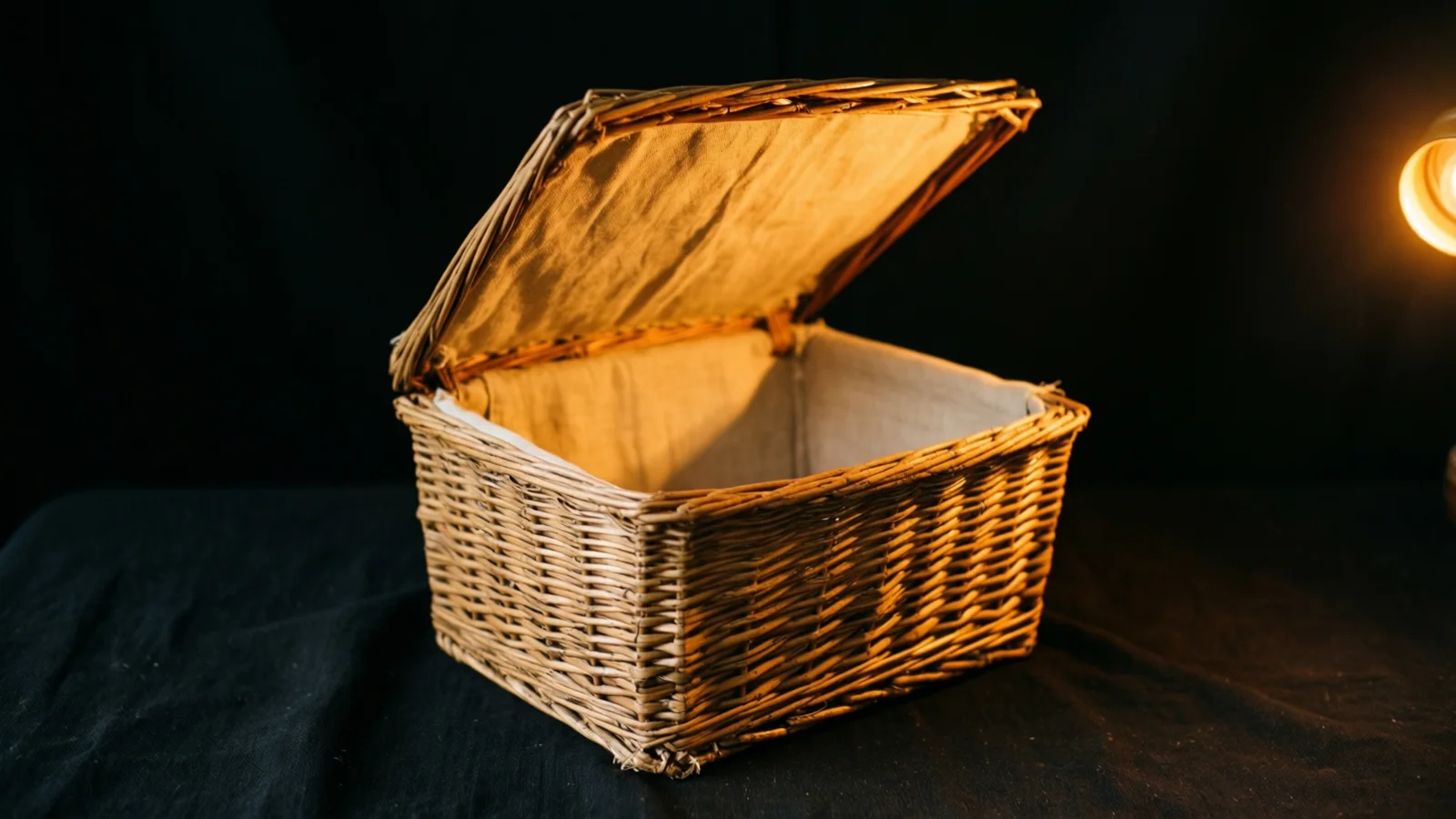 A wicker basket with its lid raised and a pale cloth lining rests on dark fabric. Warm light from a lamp at the right edge falls on the lid and the basket's front, against a black background.