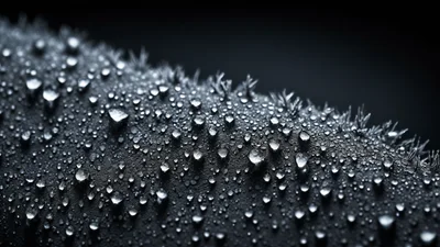 A macro view of frost crystals and fine condensation beads spreading across a dark metal surface, sparkling under a thin blade of cold light.