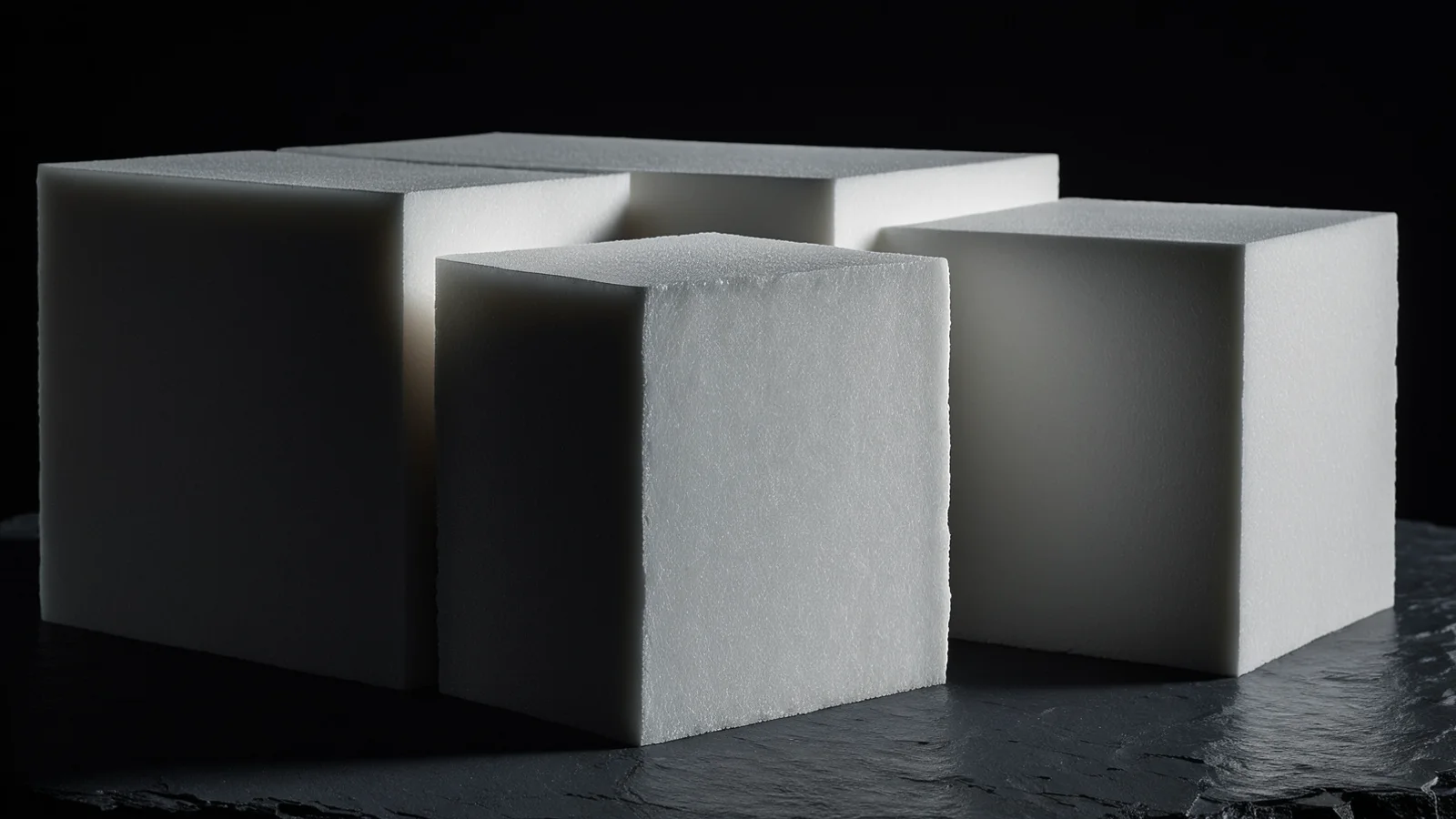 Clean white rigid foam blocks stacked on dark slate, their crisp edges lit by one band of cool light against deep shadow.