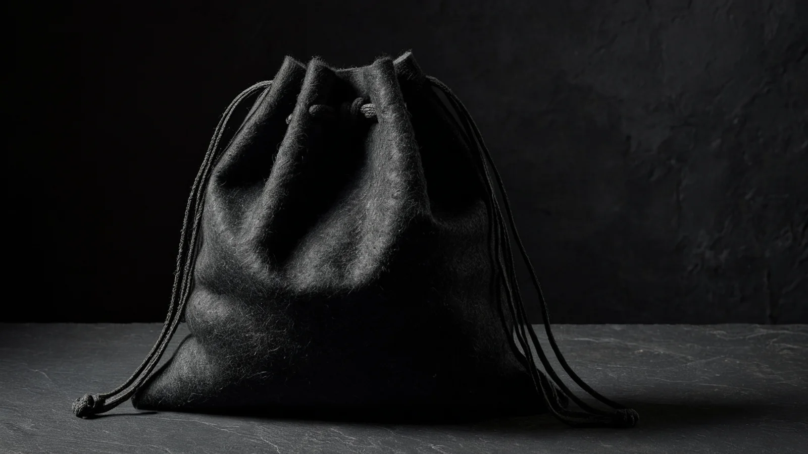 A thick matte-black protective drawstring pouch of dense felt standing closed on dark slate, its soft folds catching one narrow band of light.
