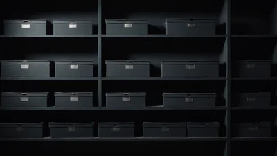 A dark cold-room shelf unit holding rows of closed matte grey boxes with small empty card holders, faint cool light from above.
