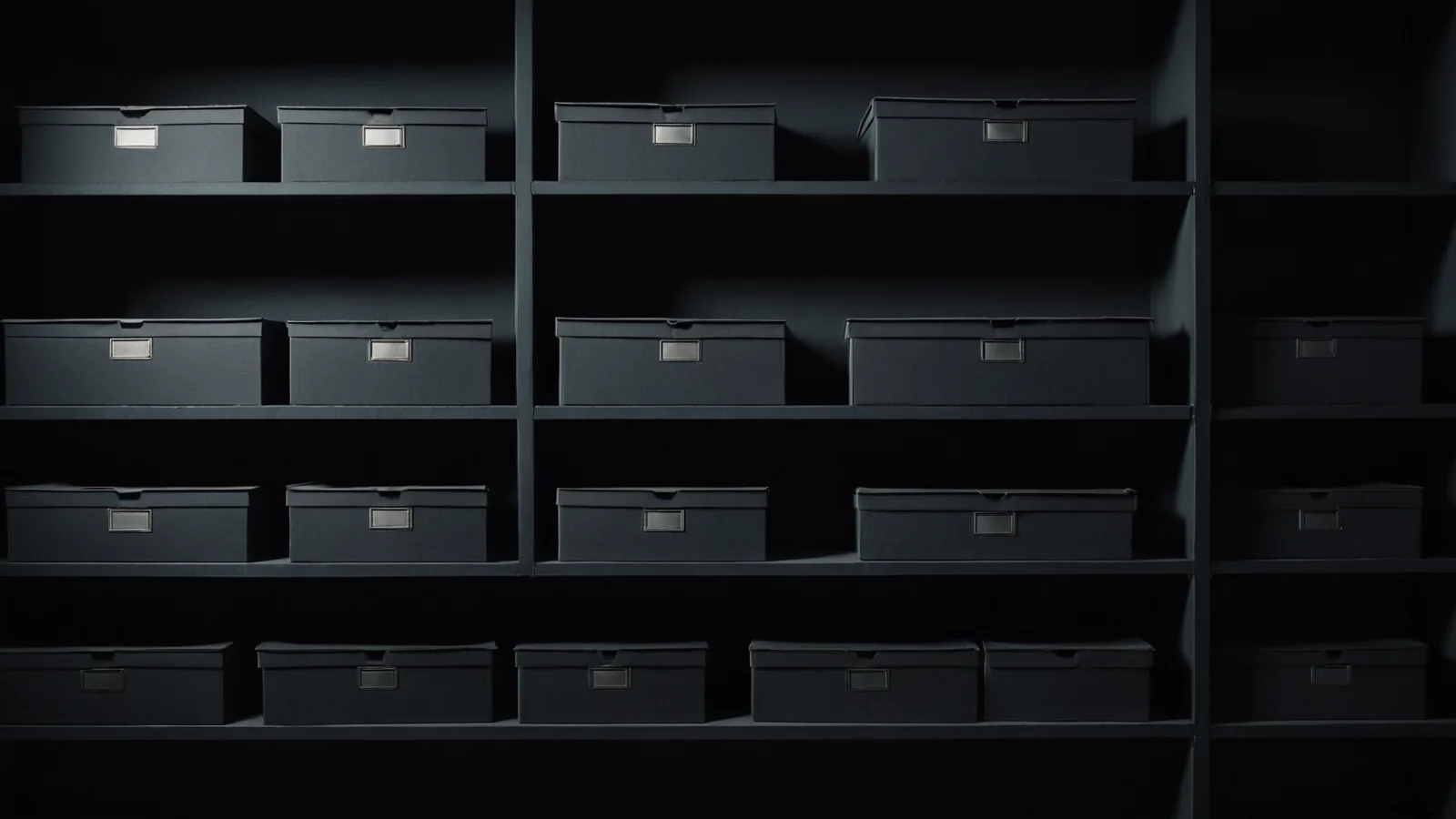 A dark cold-room shelf unit holding rows of closed matte grey boxes with small empty card holders, faint cool light from above.