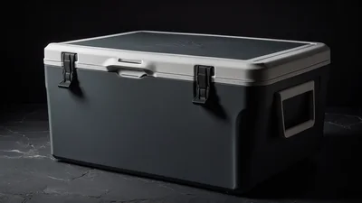 A closed cooler box with a pale lid and dark body standing on slate, one band of cool light across its clean front.
