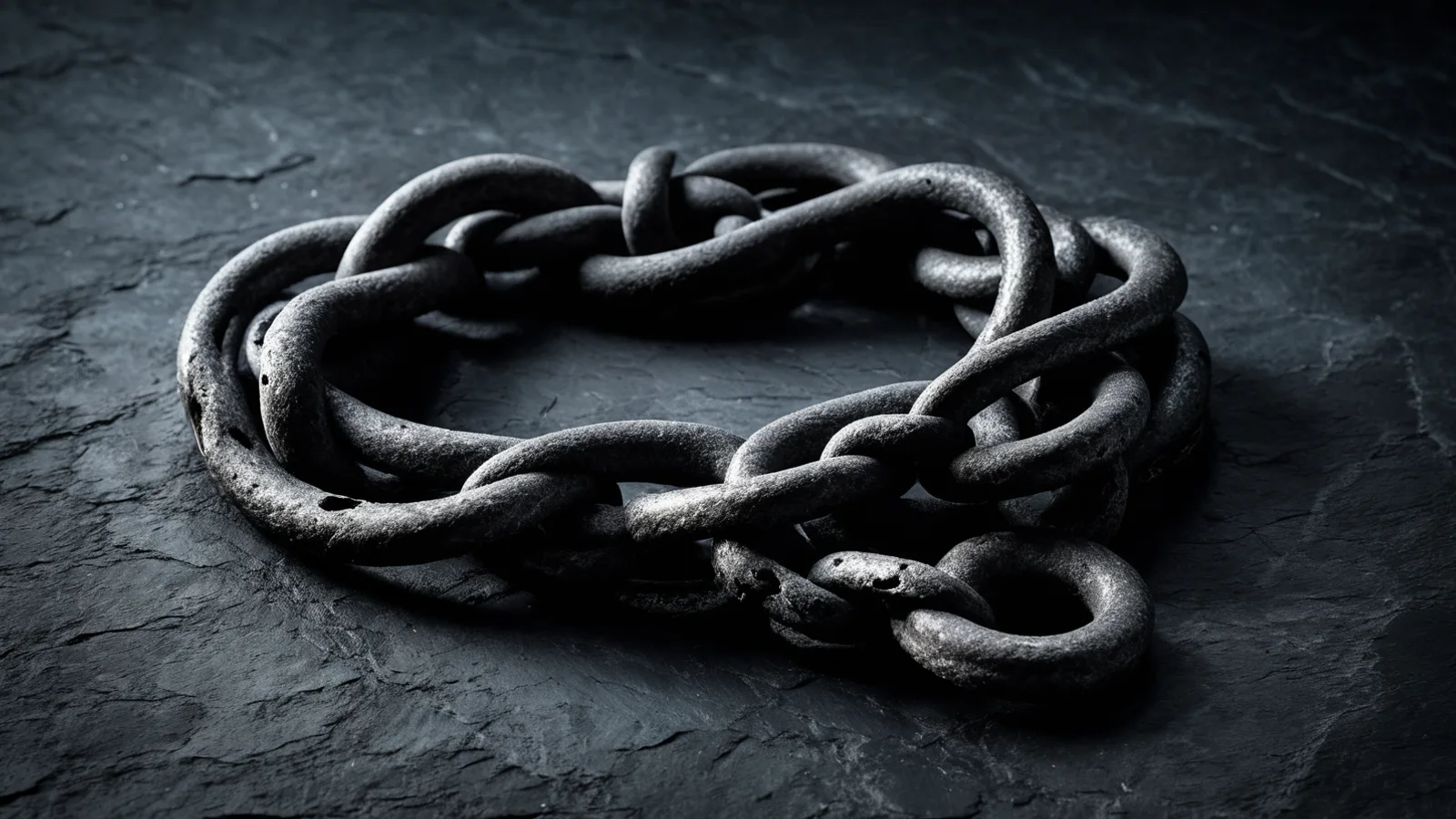 A heavy steel chain lying coiled on frosted slate, cold light catching the frozen links against deep shadow.