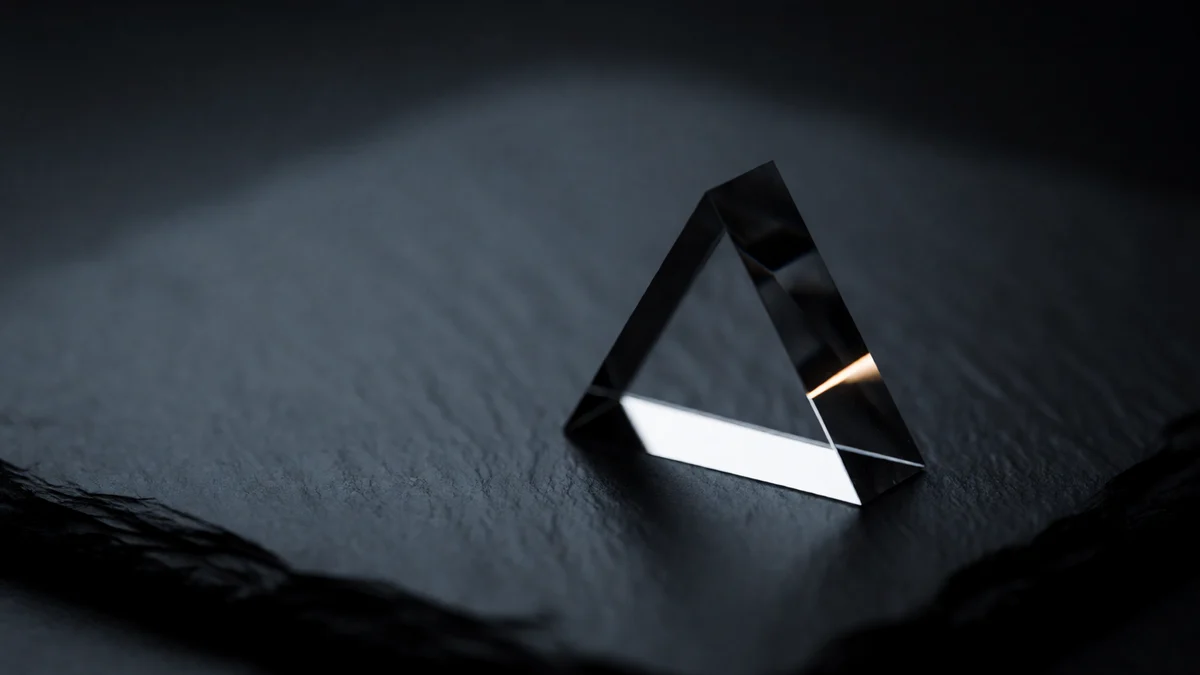 Un prisma triangular de vidrio macizo de pie sobre pizarra oscura, con una fina lamina de luz calida entrando por una cara y una sombra profunda alrededor.