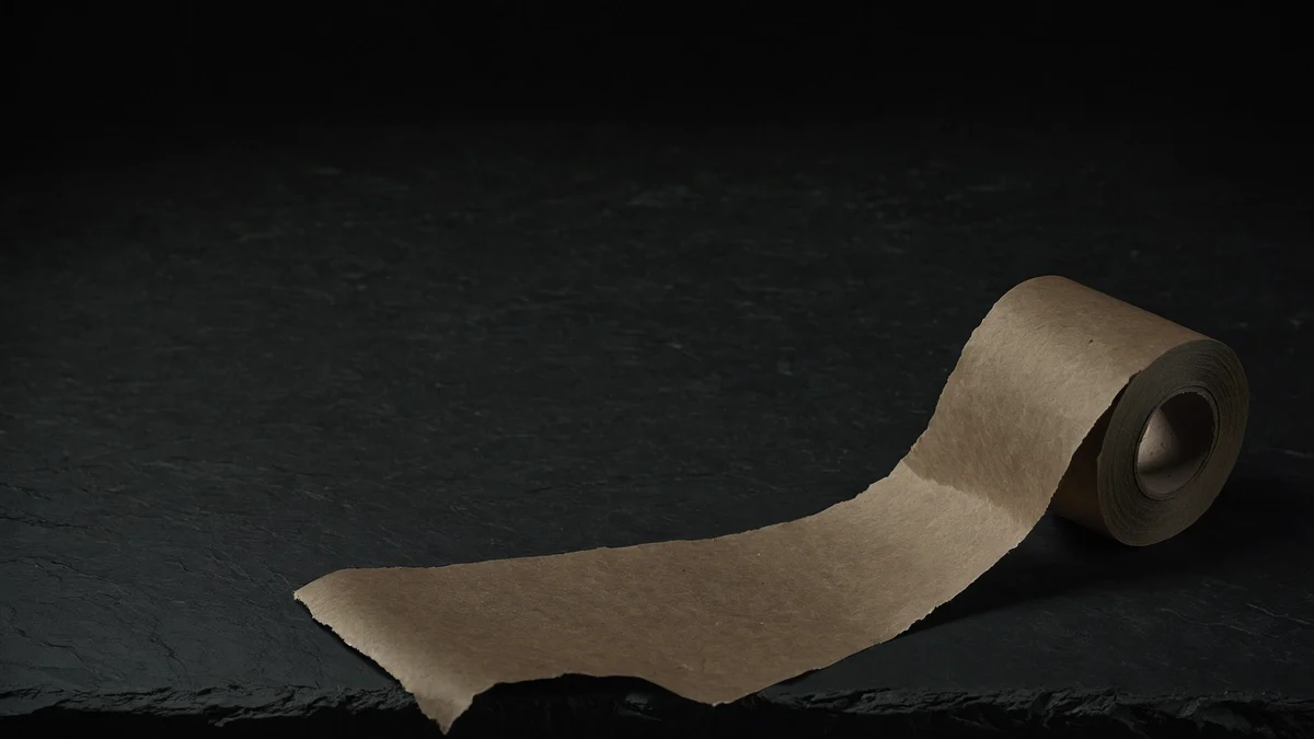 Un rollo de cinta de papel kraft claro desenrollándose sobre pizarra oscura, con su borde rasgado bajo una franja de luz baja.