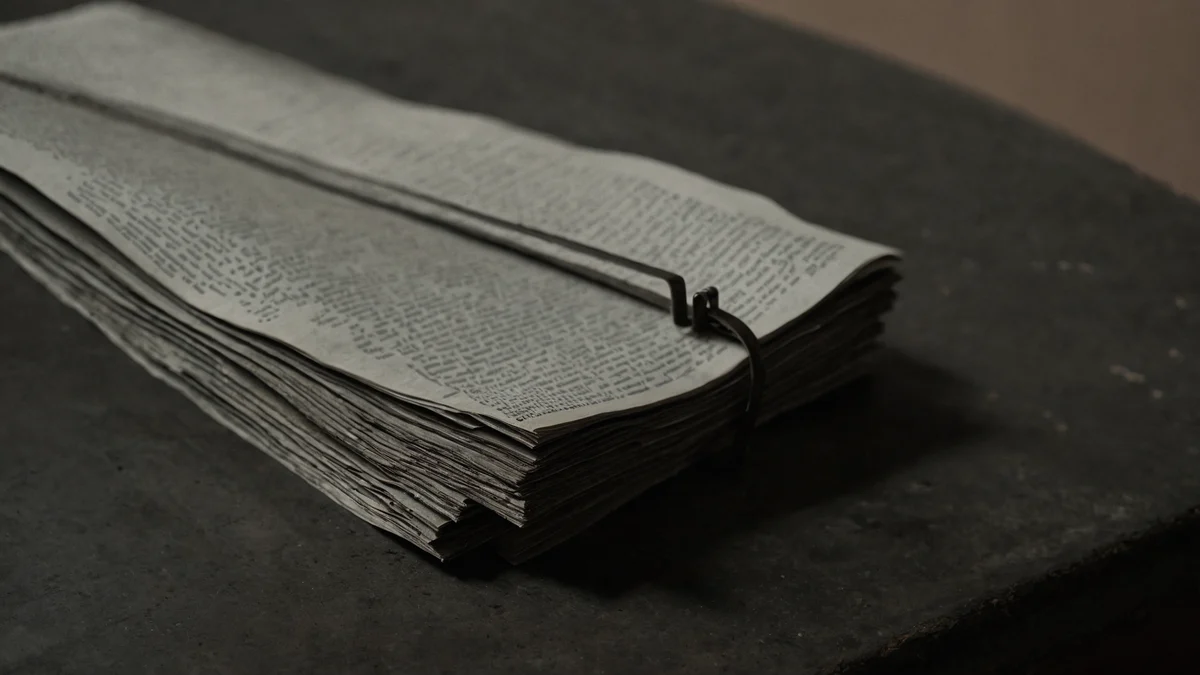 Un grueso fajo de páginas impresas sujeto por una pinza de acero oscuro sobre una superficie de piedra, con los bordes del papel atrapando una franja estrecha de luz.