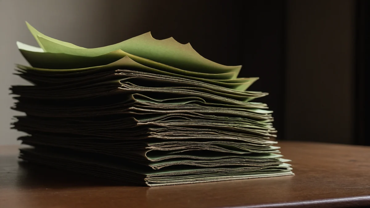 Una pila alta de papel de archivo verde pálido y color manila sobre un escritorio de madera oscura, con las hojas superiores curvándose suavemente bajo una luz tenue.