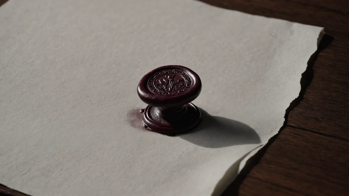 Un sello de lacre rojo oscuro sobre una hoja de papel crema rasgado en un escritorio de madera, con el relieve del lacre bajo un haz de luz.