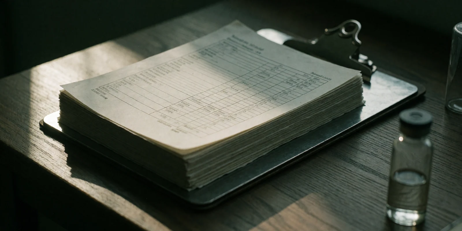 A thick stack of printed laboratory batch records squared on a steel clipboard, a capped glass vial standing out of focus at the edge of a dark bench.