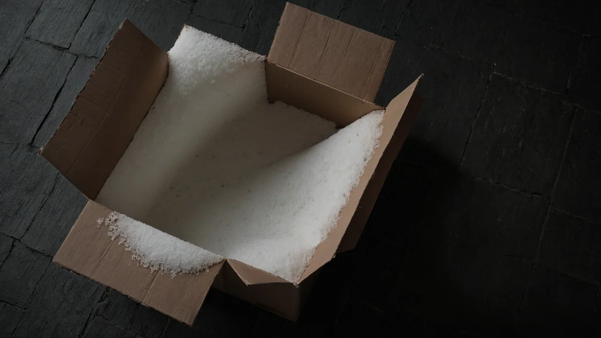 An opened shipping carton on dark slate, its interior packed with a thick bed of white insulating material under flat overhead light.