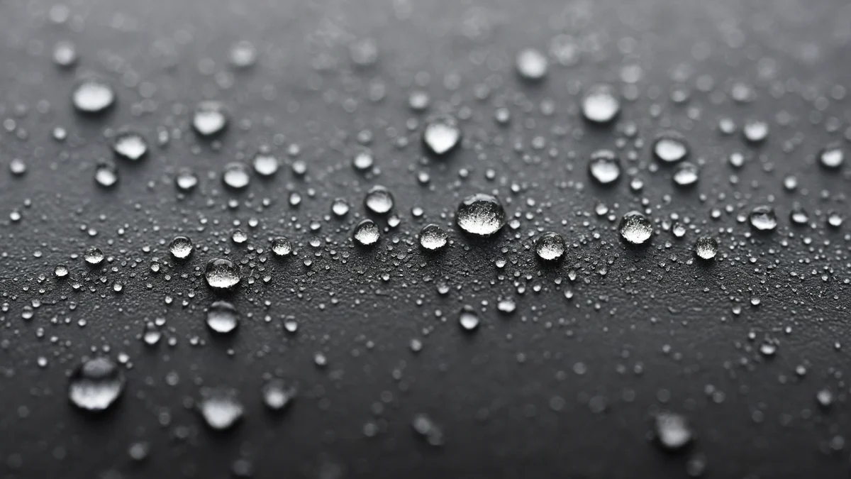 Scattered beads of condensation standing on a cold dark surface, each drop holding a small point of reflected light.