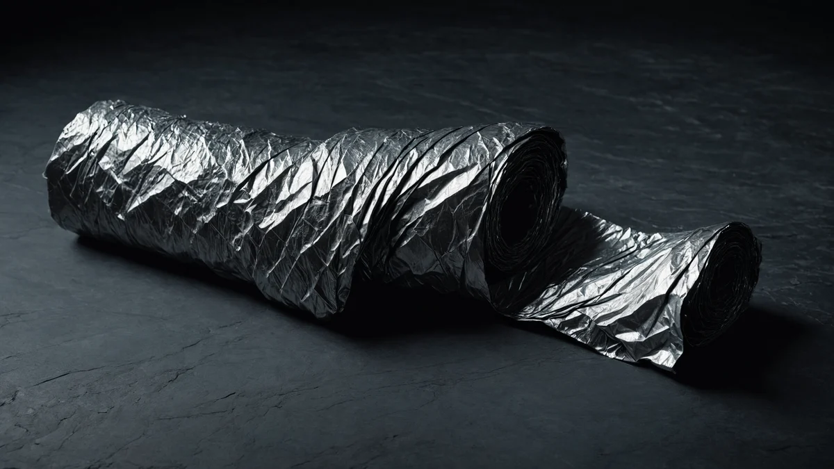 A loosely unrolled length of crinkled silver thermal insulation film on dark slate, its metallic surface catching cold light.